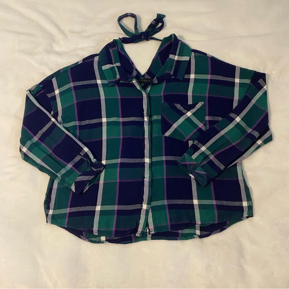 Women's Sanctuary Plaid Top Button Up Back Halter Green/Blue Size Large